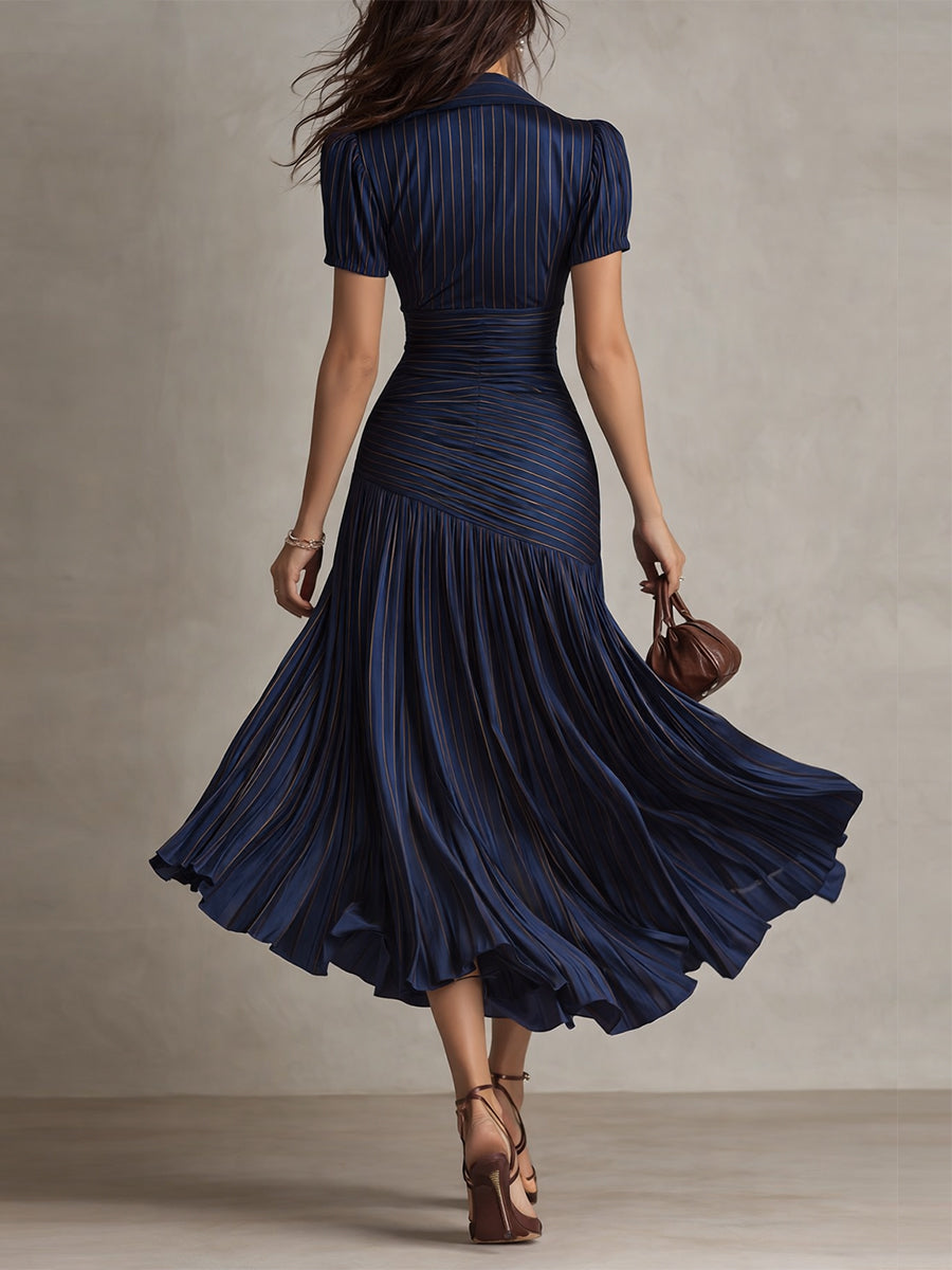Lissée Paris™ | Adriana | Robe midi satinée à rayures rétro