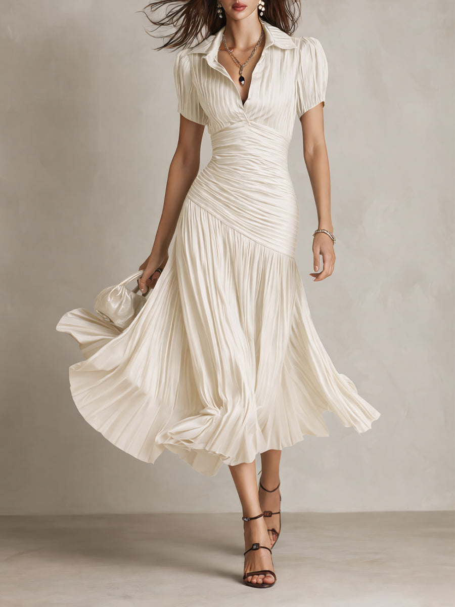 Lissée Paris™ | Adriana | Robe midi satinée à rayures rétro