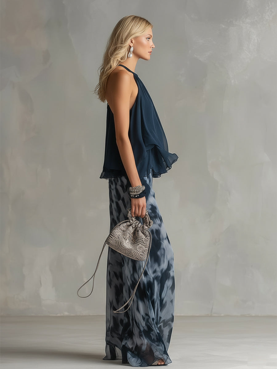 Lissée Paris™ | Chloé | Ensemble élégant avec haut dos nu bleu marine et pantalon large imprimé