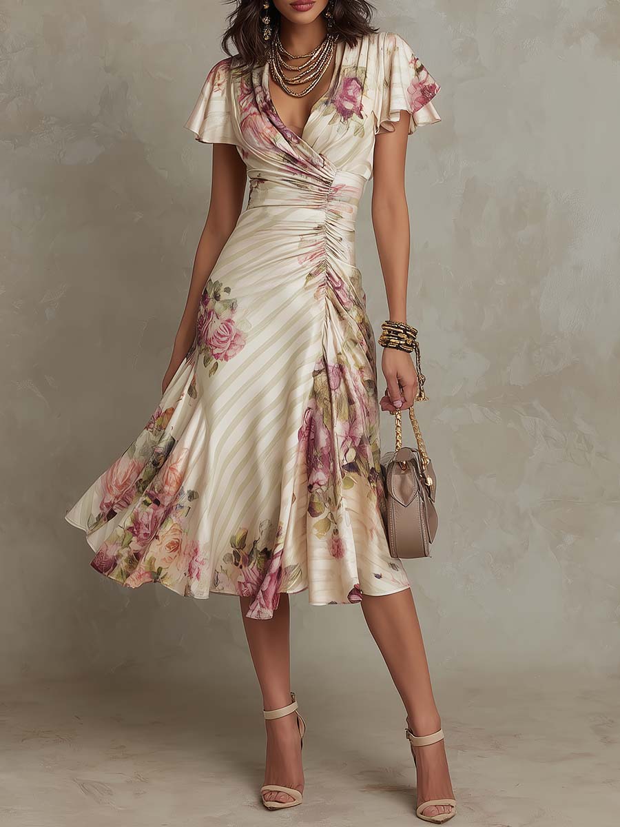 Lissée Paris™ | Alba | Robe midi cache-cœur froncée à imprimé floral élégant
