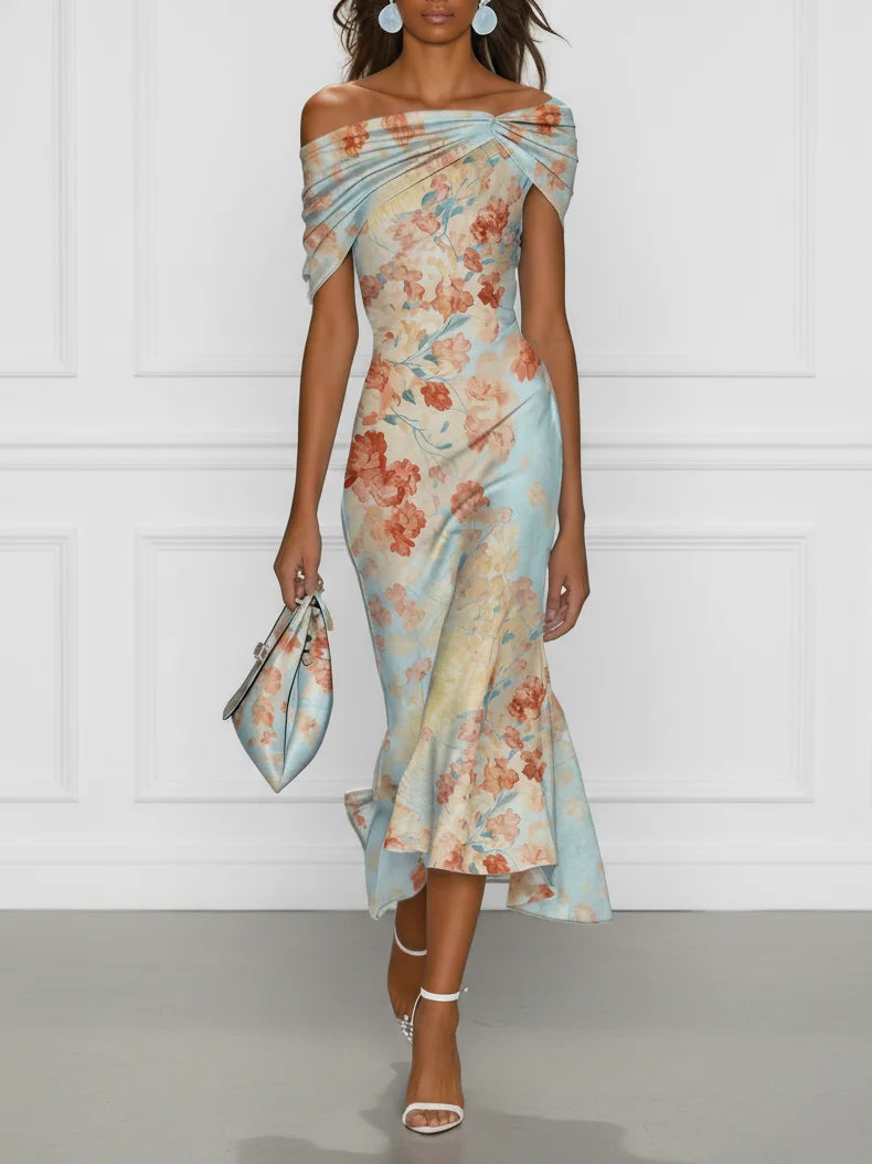 Lissée Paris™ | Victoire | Robe midi sirène à épaules dénudées et imprimé floral bleu