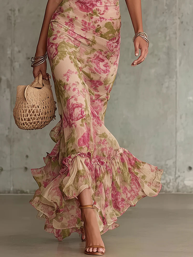Lissée Paris™ | Florette | Robe maxi romantique à imprimé roses vintage et manches bouffantes
