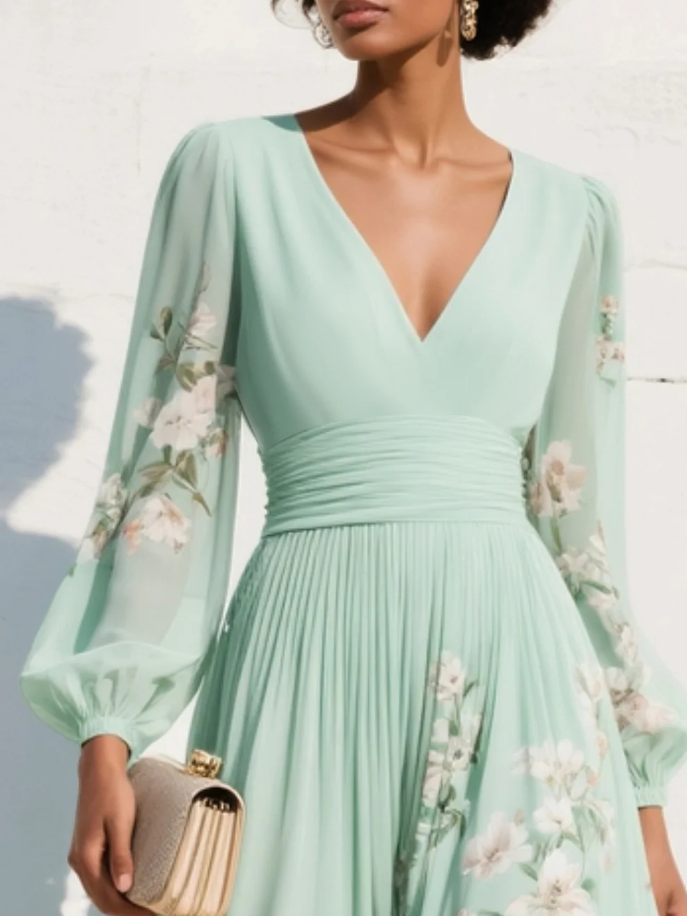 Lissée Paris™ | Susane | Robe maxi plissée en mousseline vert menthe à imprimé fleuri pour femme