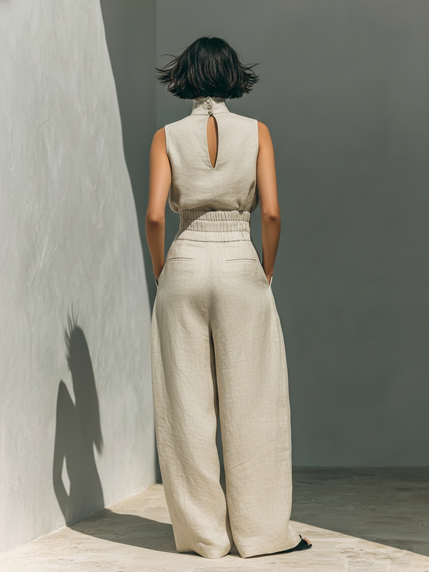 Lissée Paris™ | Aurora | Ensemble deux pièces beige en lin avec haut sans manches et pantalon large