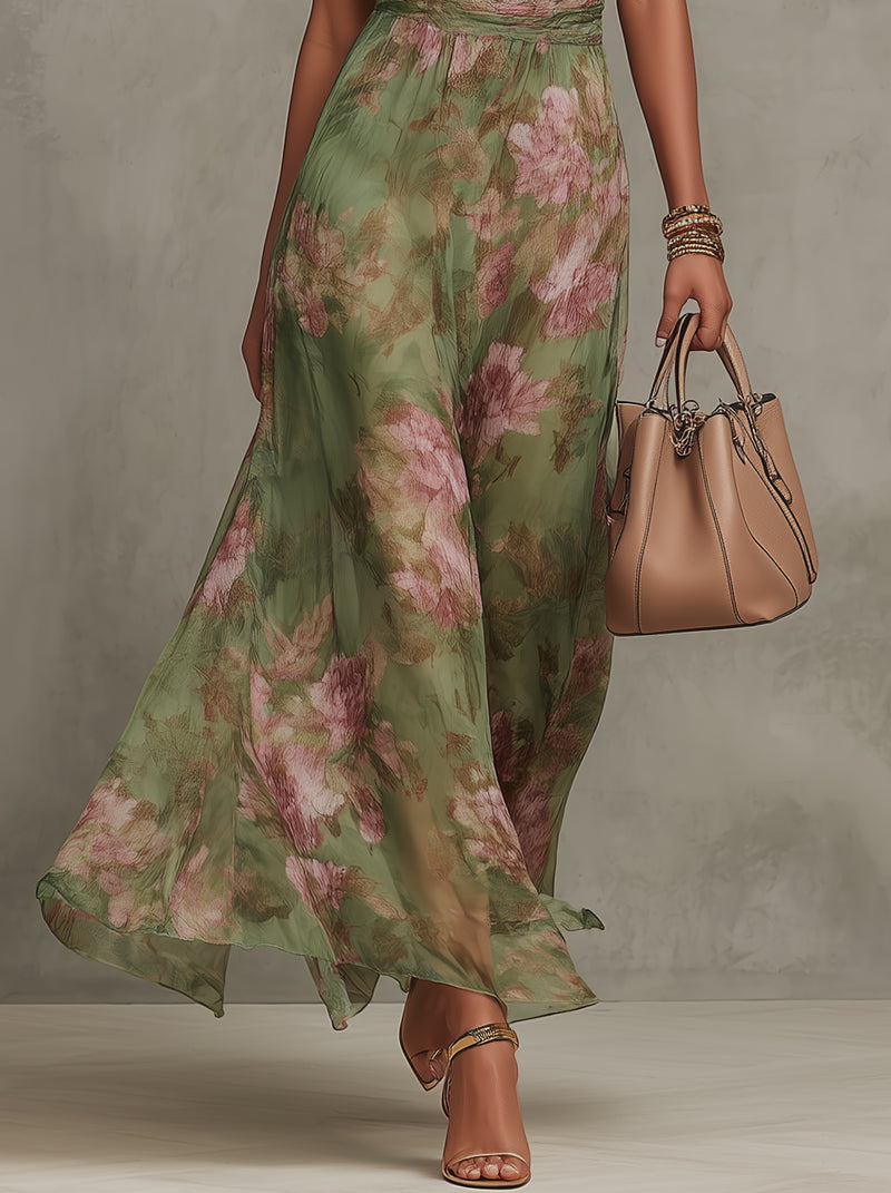 Lissée Paris™ | Serena | Robe maxi en mousseline fleurie à emmanchure américaine