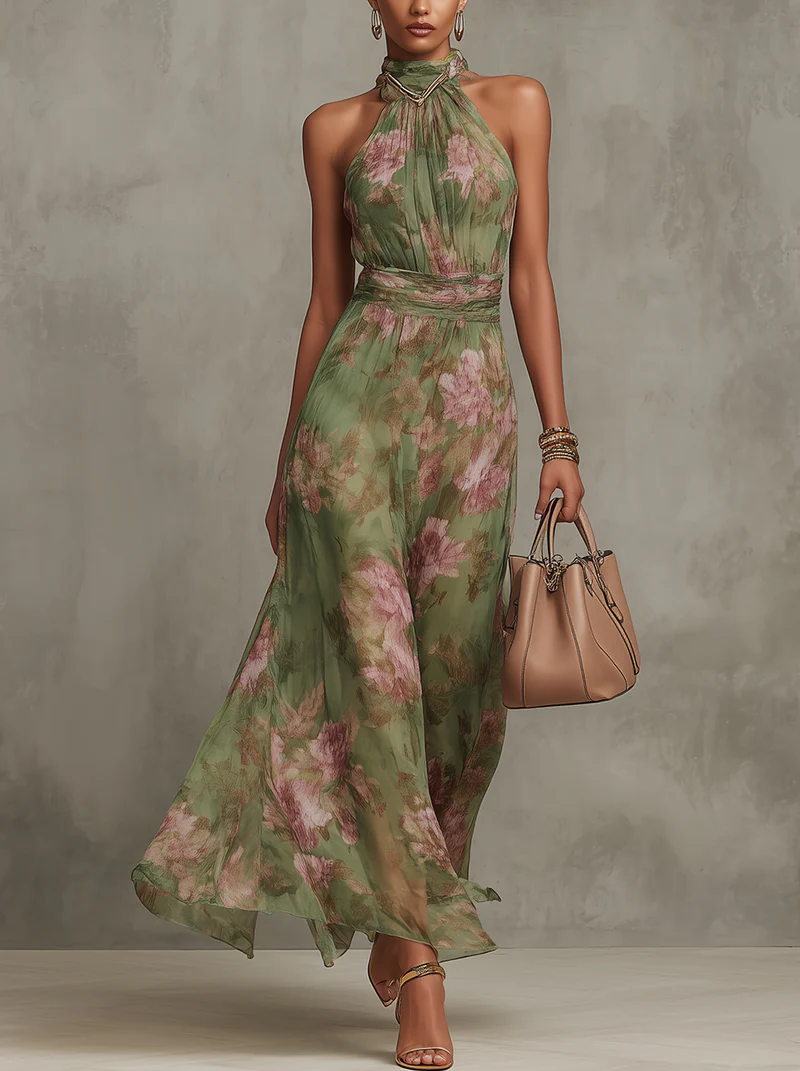 Lissée Paris™ | Serena | Robe maxi en mousseline fleurie à emmanchure américaine