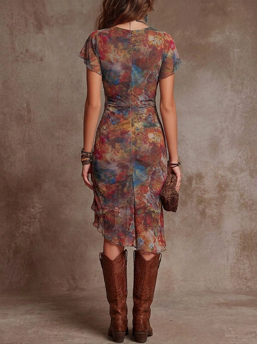 Lissée Paris™ | Martina | Robe midi plissée à col en V et imprimé d'art abstrait style bohème