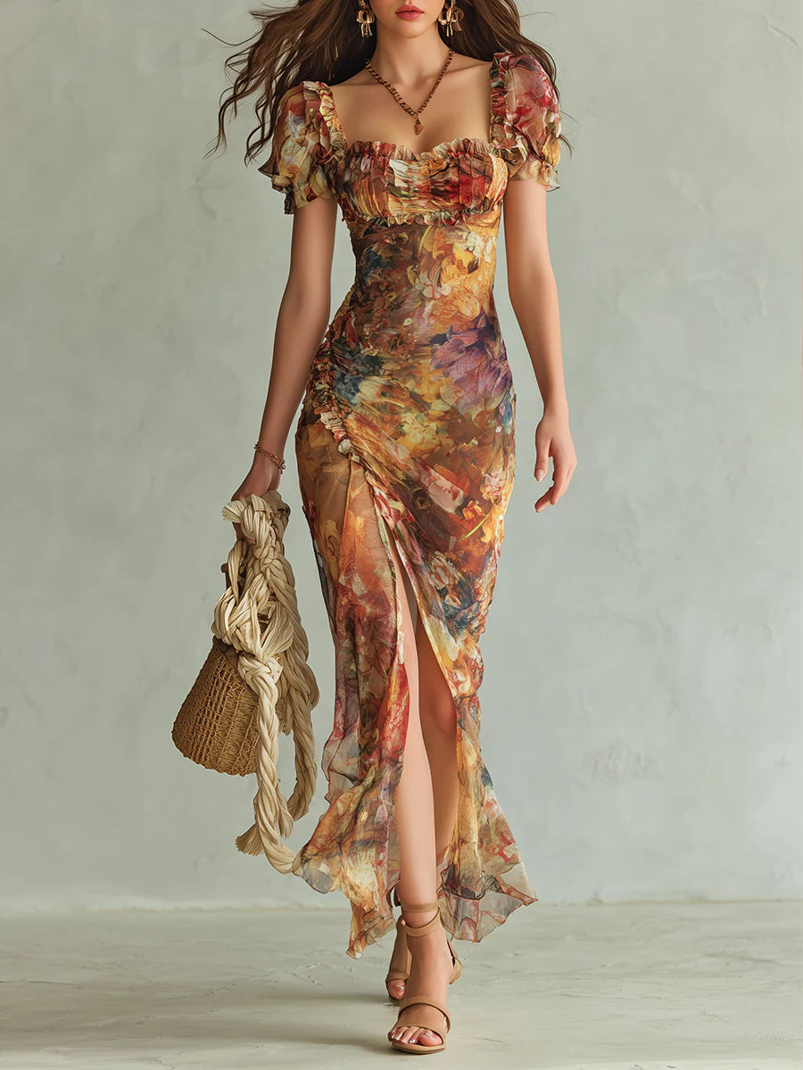 Lissée Paris™ | Violette | Robe maxi en mousseline orange à imprimé peinture à l'huile style bohème