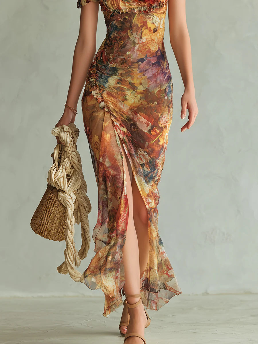 Lissée Paris™ | Violette | Robe maxi en mousseline orange à imprimé peinture à l'huile style bohème
