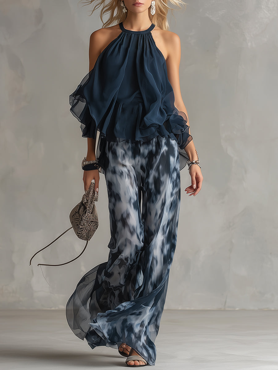 Lissée Paris™ | Chloé | Ensemble élégant avec haut dos nu bleu marine et pantalon large imprimé
