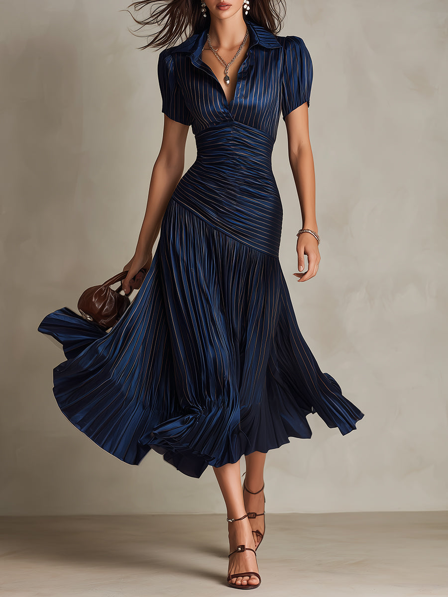 Lissée Paris™ | Adriana | Robe midi satinée à rayures rétro