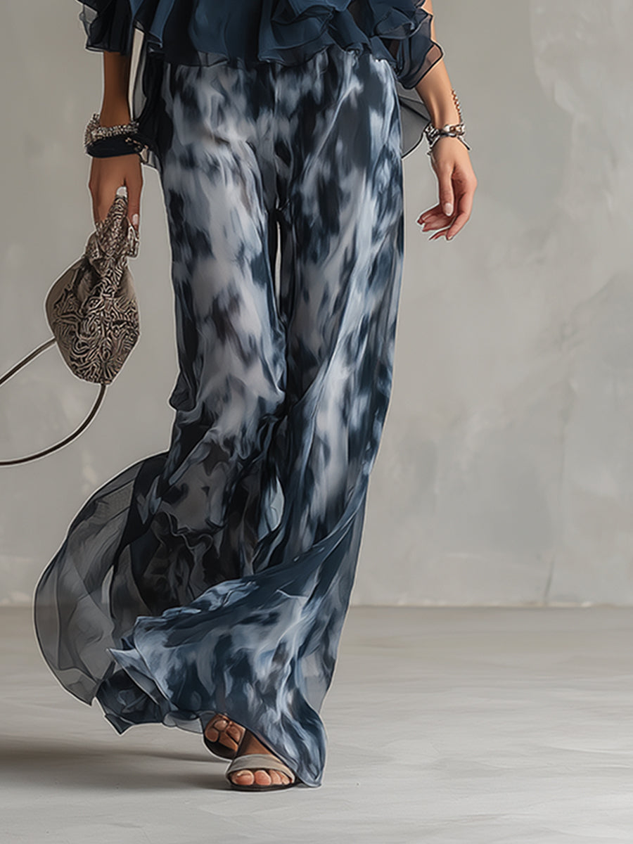 Lissée Paris™ | Chloé | Ensemble élégant avec haut dos nu bleu marine et pantalon large imprimé