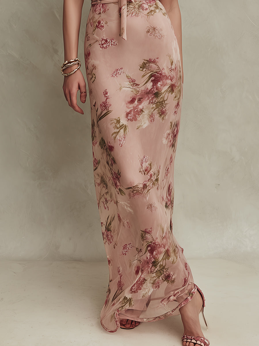 Lissée Paris™ | Lia | Robe maxi en mousseline à imprimé floral élégant et encolure goutte d'eau
