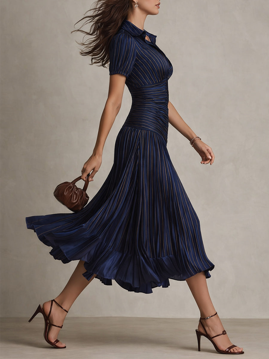 Lissée Paris™ | Adriana | Robe midi satinée à rayures rétro