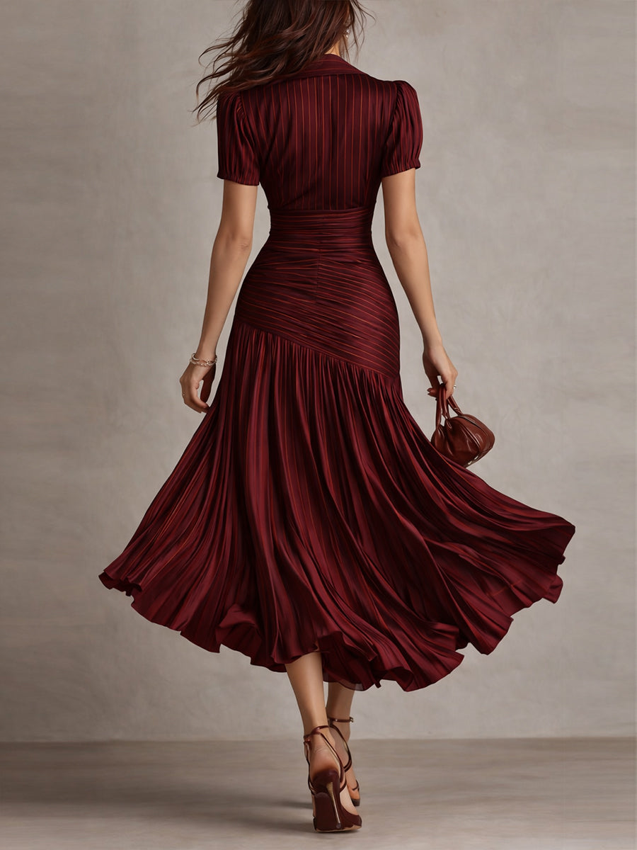 Lissée Paris™ | Adriana | Robe midi satinée à rayures rétro