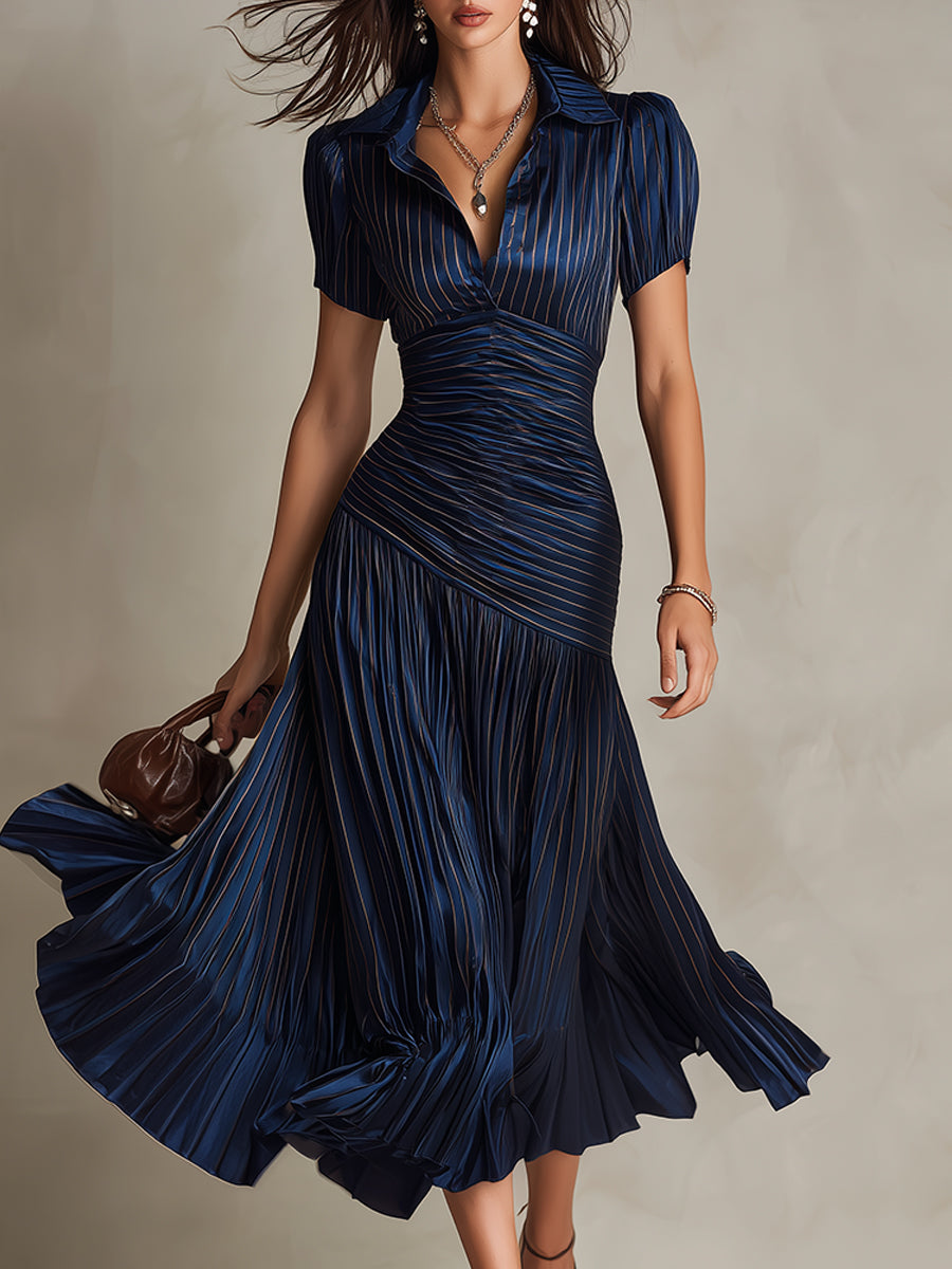 Lissée Paris™ | Adriana | Robe midi satinée à rayures rétro