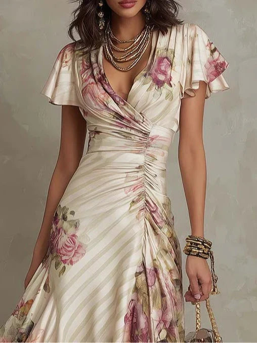 Lissée Paris™ | Alba | Robe midi cache-cœur froncée à imprimé floral élégant