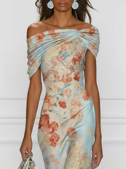 Lissée Paris™ | Victoire | Robe midi sirène à épaules dénudées et imprimé floral bleu