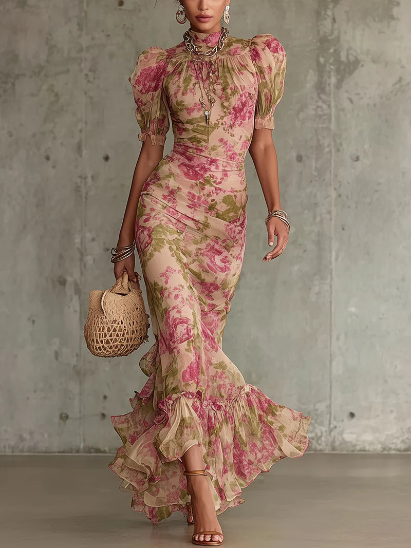 Lissée Paris™ | Florette | Robe maxi romantique à imprimé roses vintage et manches bouffantes
