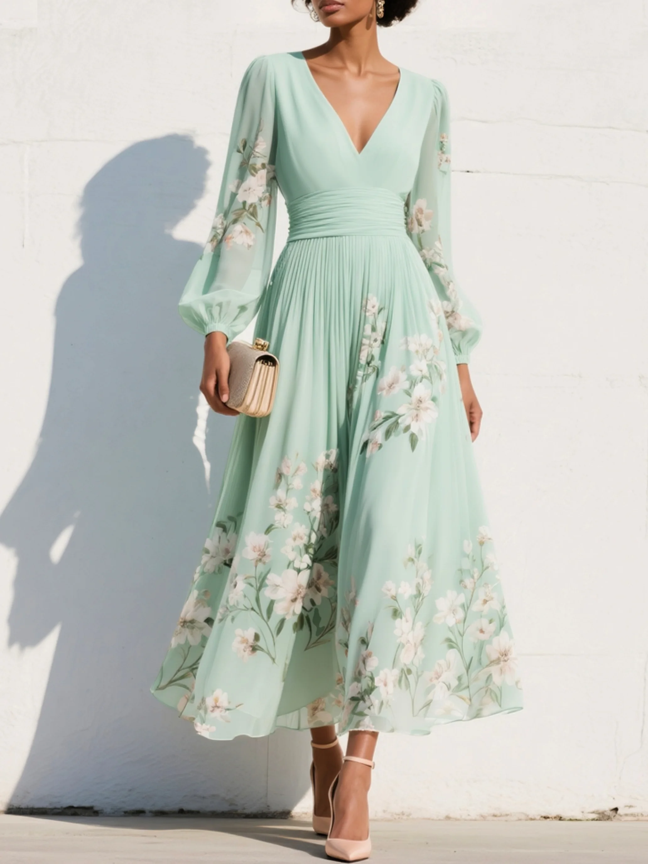 Lissée Paris™ | Susane | Robe maxi plissée en mousseline vert menthe à imprimé fleuri pour femme