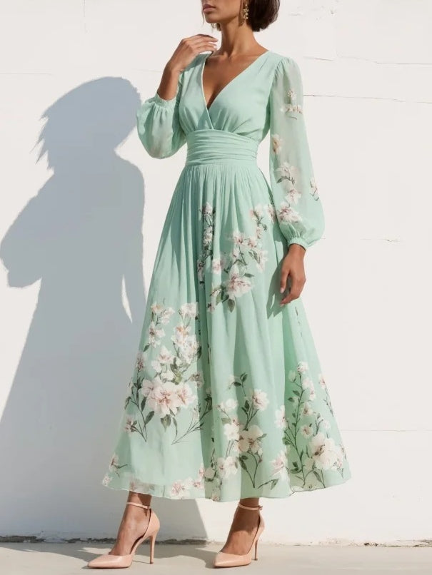 Lissée Paris™ | Susane | Robe maxi plissée en mousseline vert menthe à imprimé fleuri pour femme