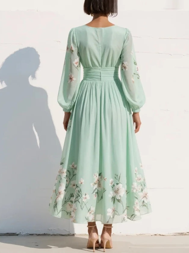 Lissée Paris™ | Susane | Robe maxi plissée en mousseline vert menthe à imprimé fleuri pour femme