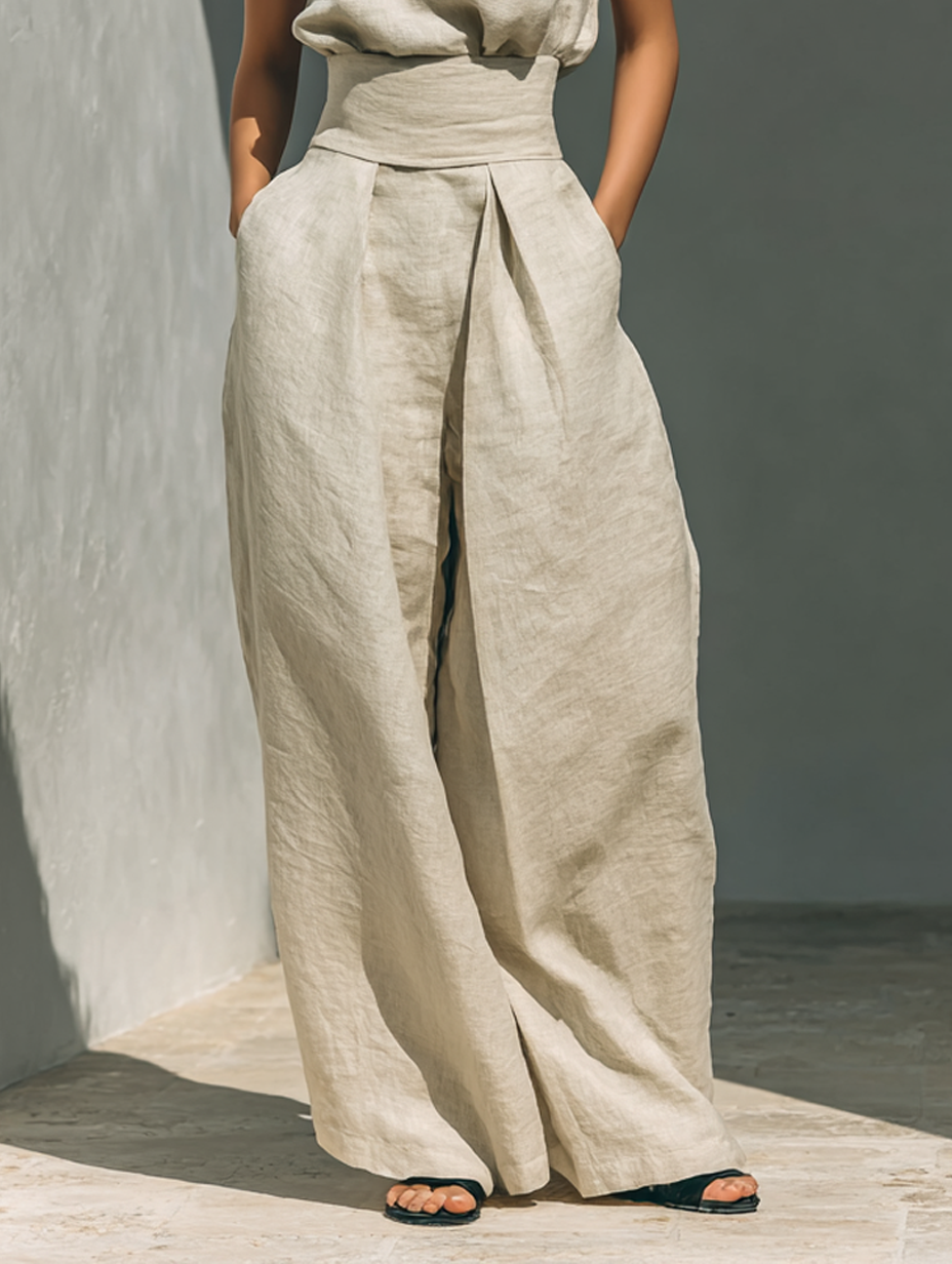 Lissée Paris™ | Aurora | Ensemble deux pièces beige en lin avec haut sans manches et pantalon large