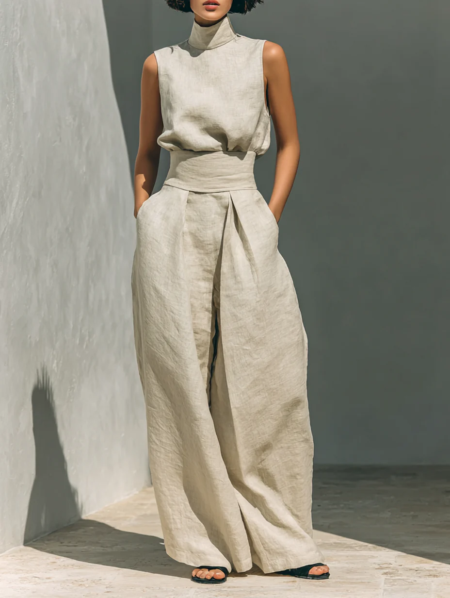 Lissée Paris™ | Aurora | Ensemble deux pièces beige en lin avec haut sans manches et pantalon large