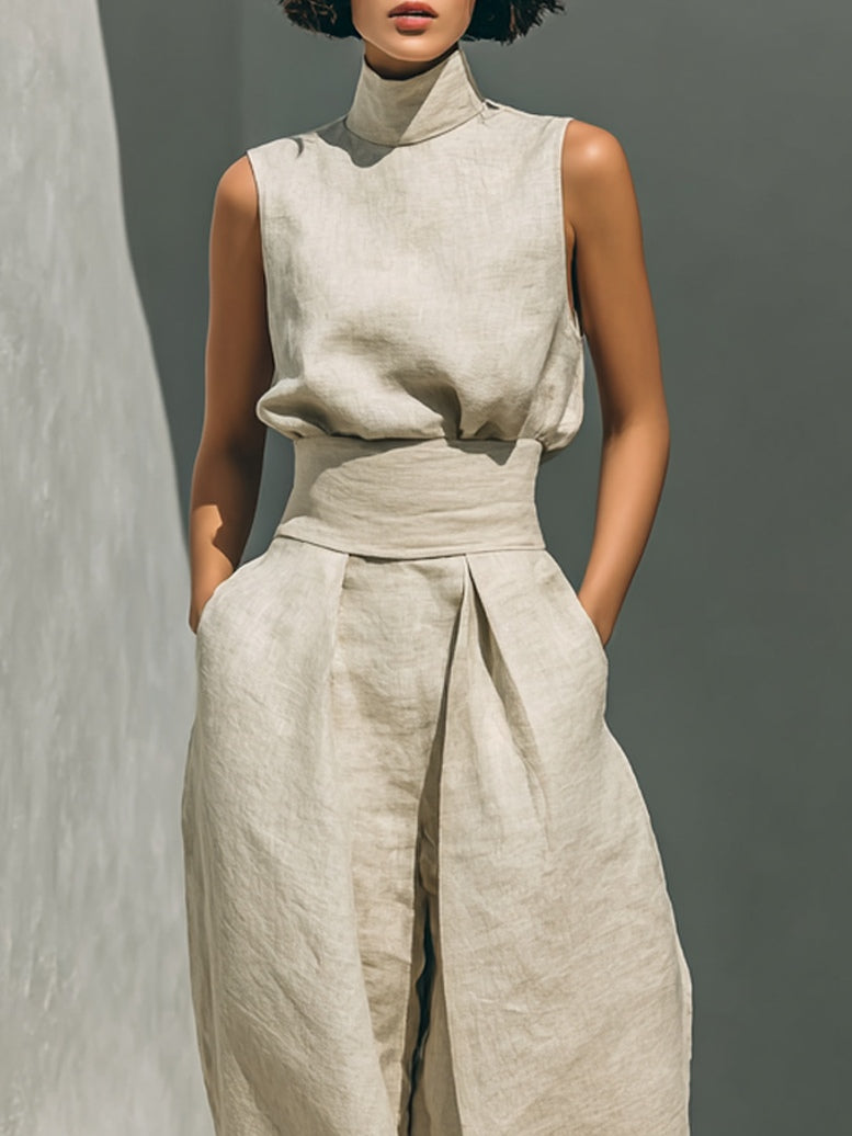 Lissée Paris™ | Aurora | Ensemble deux pièces beige en lin avec haut sans manches et pantalon large