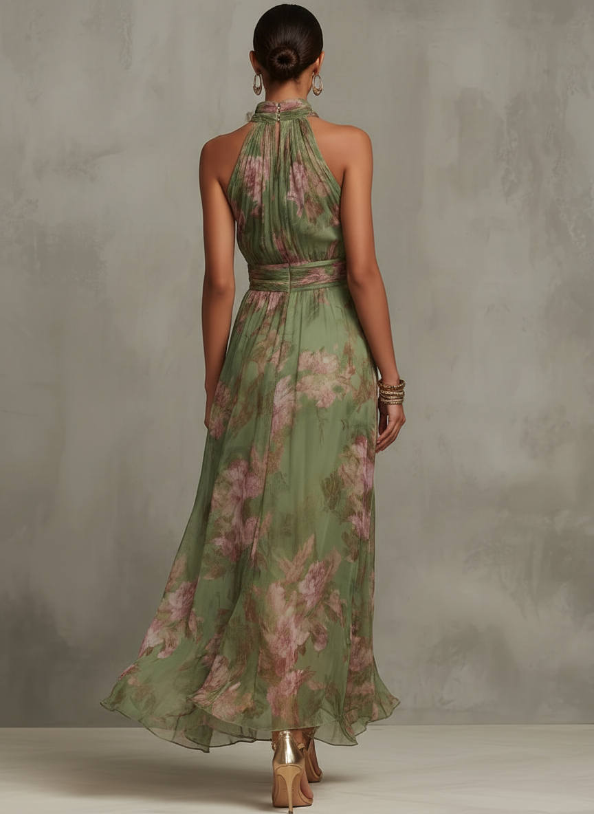 Lissée Paris™ | Serena | Robe maxi en mousseline fleurie à emmanchure américaine