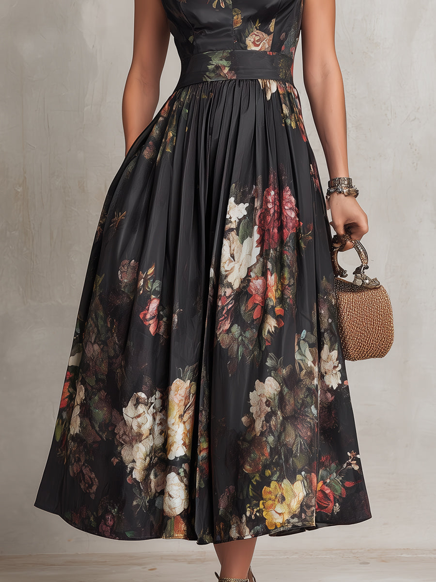 Lissée Paris™ | Amare | Robe midi en satin plissé noir à imprimé floral et encolure goutte d'eau