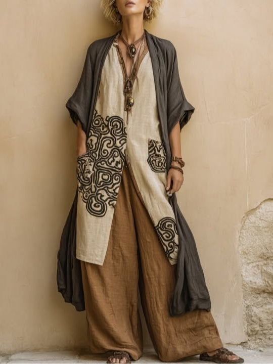 Lissée Paris™ | Juliette | Ensemble trois pièces nomade bohème gris foncé et marron à motif tribal