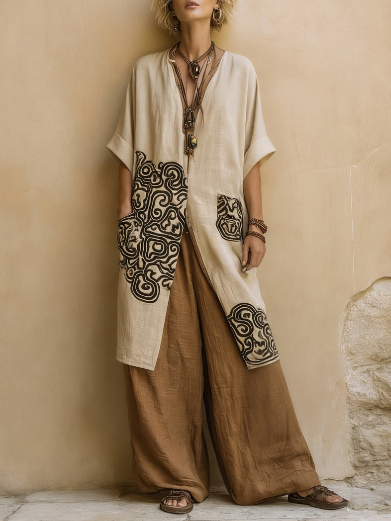 Lissée Paris™ | Juliette | Ensemble trois pièces nomade bohème gris foncé et marron à motif tribal