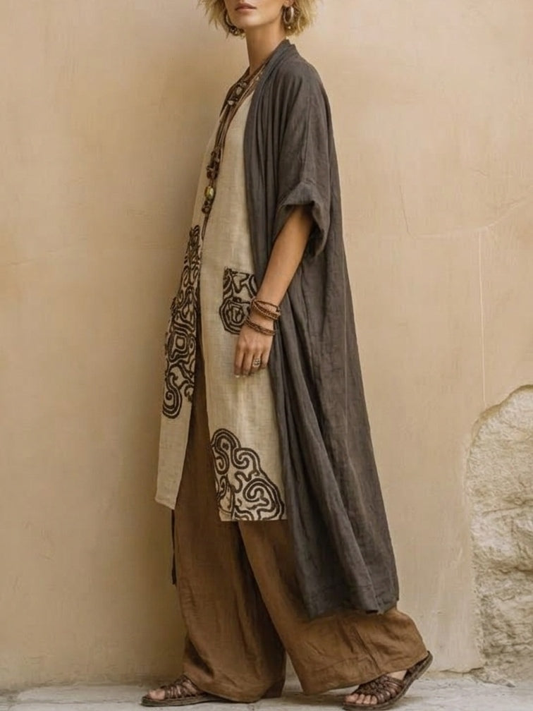 Lissée Paris™ | Juliette | Ensemble trois pièces nomade bohème gris foncé et marron à motif tribal