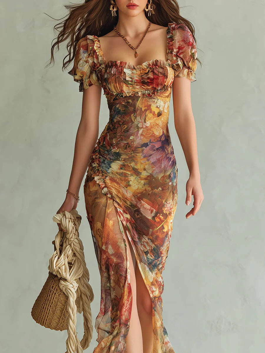 Lissée Paris™ | Violette | Robe maxi en mousseline orange à imprimé peinture à l'huile style bohème