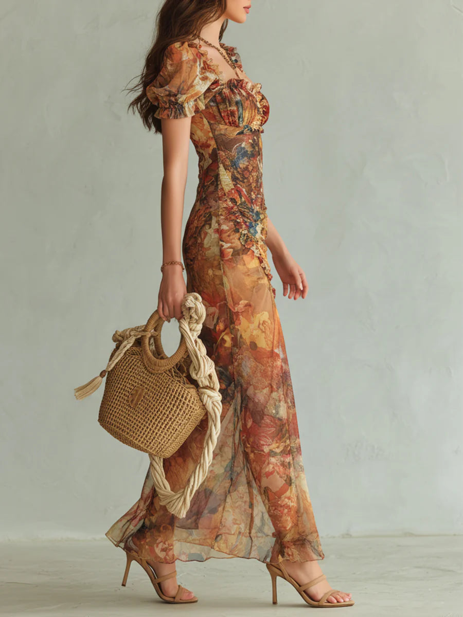 Lissée Paris™ | Violette | Robe maxi en mousseline orange à imprimé peinture à l'huile style bohème