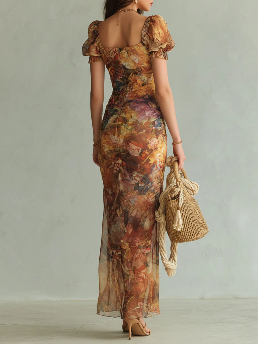 Lissée Paris™ | Violette | Robe maxi en mousseline orange à imprimé peinture à l'huile style bohème