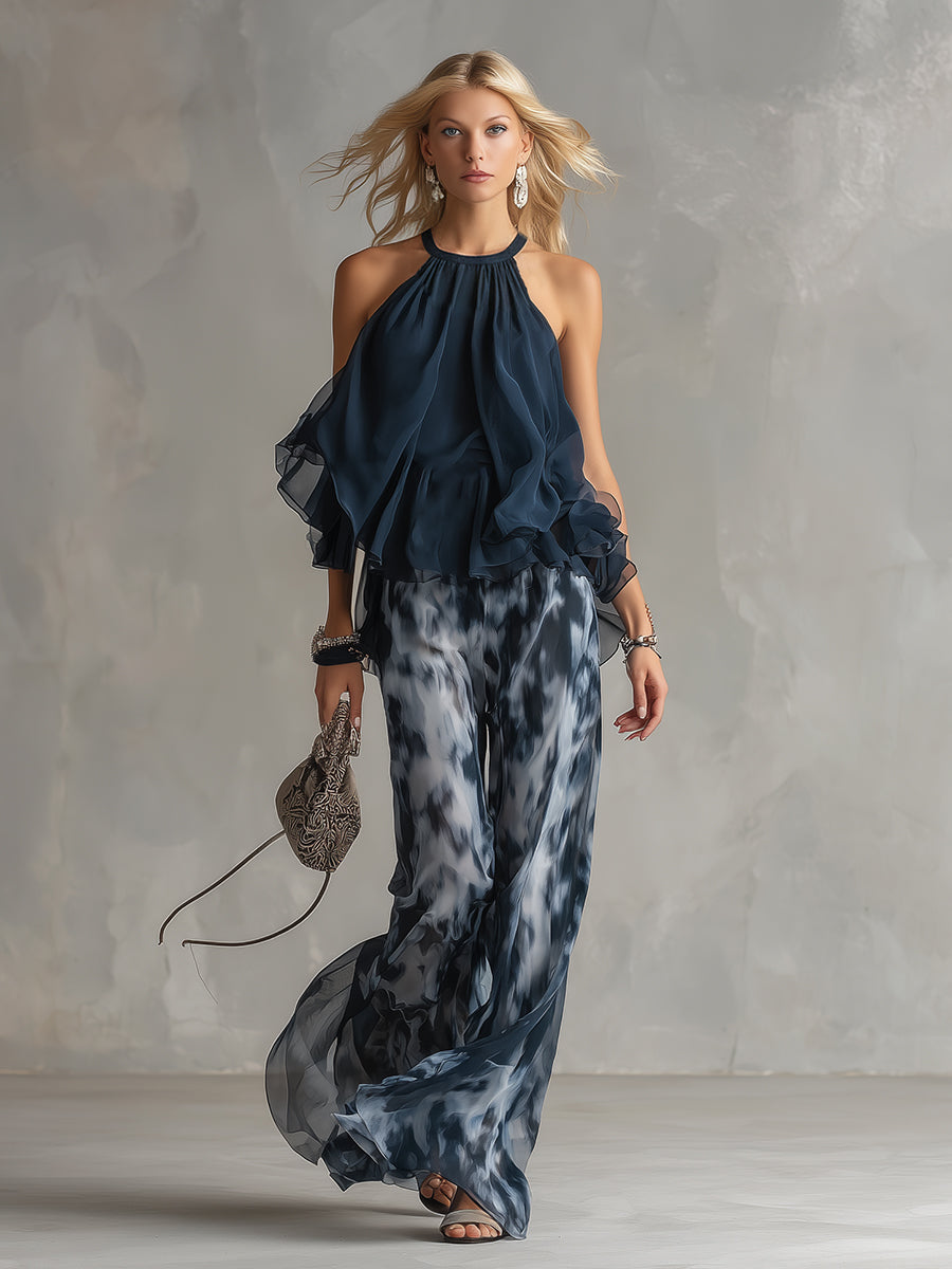 Lissée Paris™ | Chloé | Ensemble élégant avec haut dos nu bleu marine et pantalon large imprimé