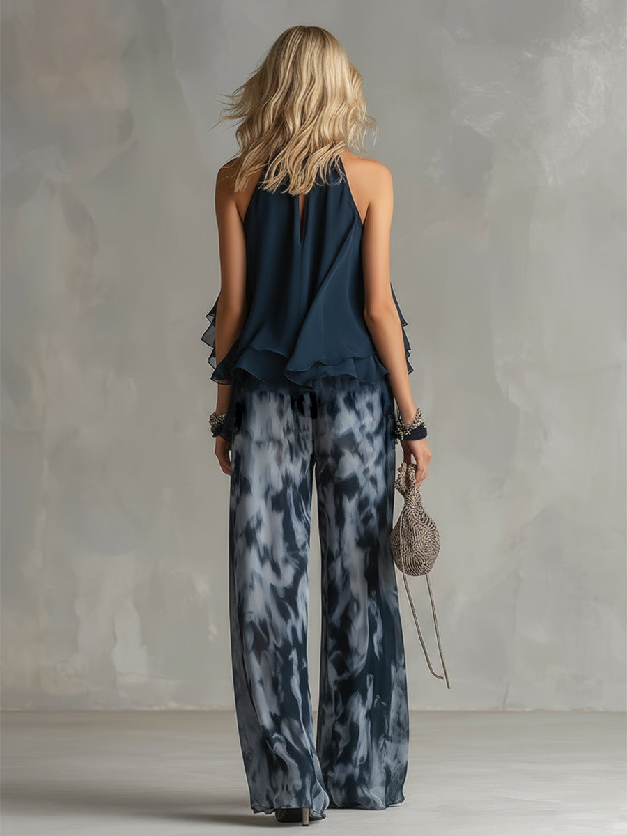 Lissée Paris™ | Chloé | Ensemble élégant avec haut dos nu bleu marine et pantalon large imprimé